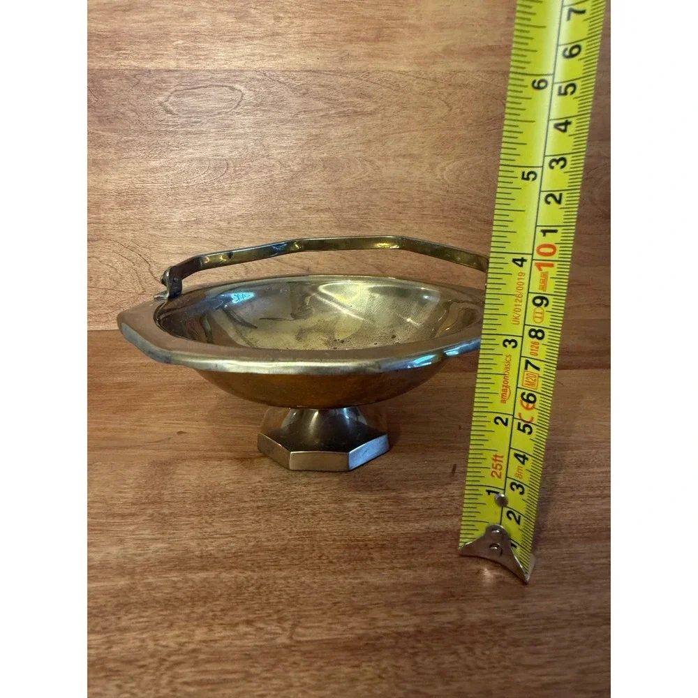 Vintage Brass Pedestal Bowl Swing Handle basket cottagecore country boho decor